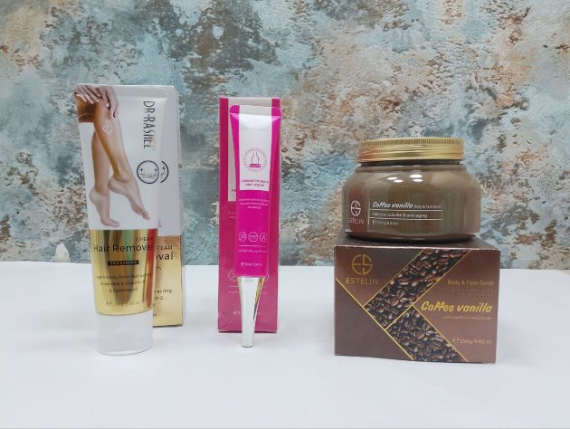 **باقة العناية الأنثوية – مقشر قهوة وفانيليا + كريم تبييض + كريم إزالة الشعر بالألوفيرا** 🌸